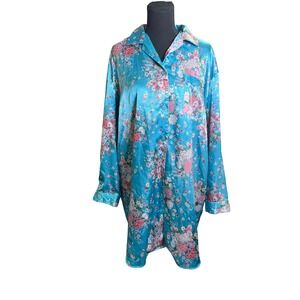 Alexander Del Rossa Floral Nightshirt Women XL Blue Satin Button Down